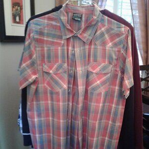 men's UR Vintage Denim Activewear short sleeve shirt blue red plaid large